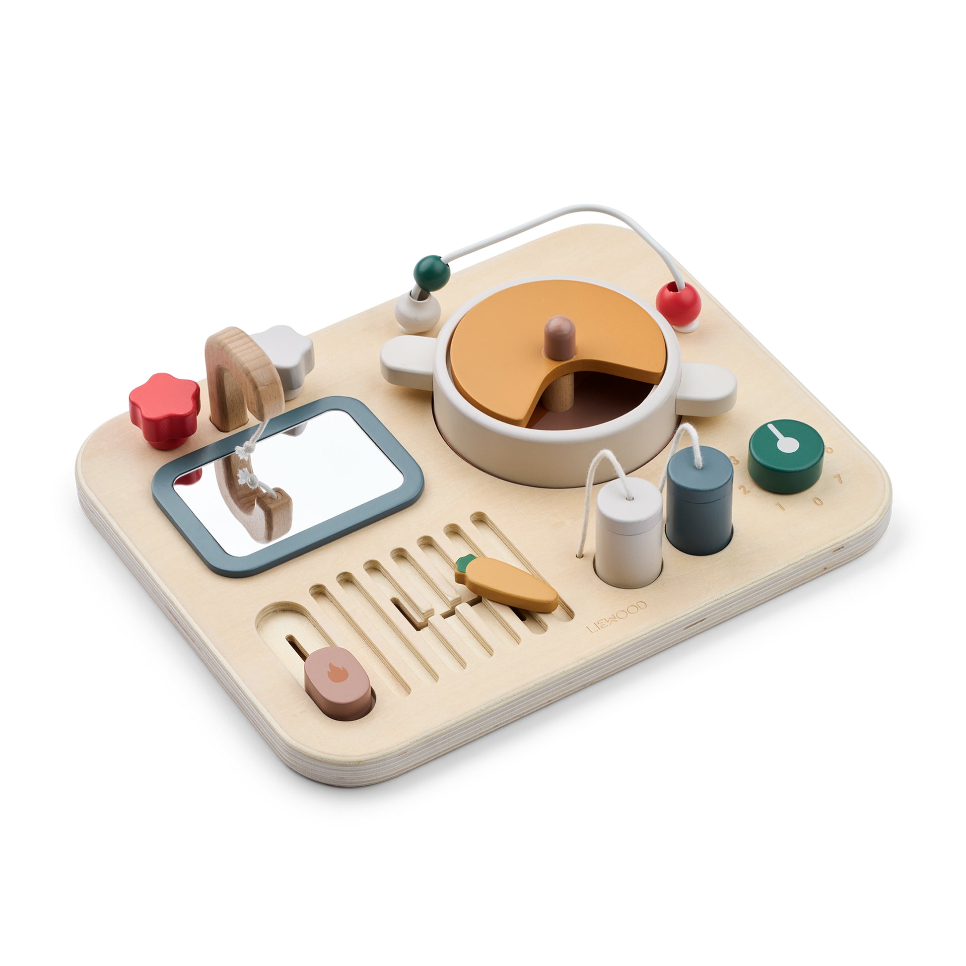 Wooden play kitchen set with various components on a white background