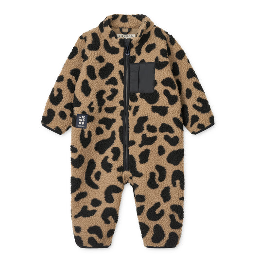 Leopard print baby onesie with a zipper on a white background