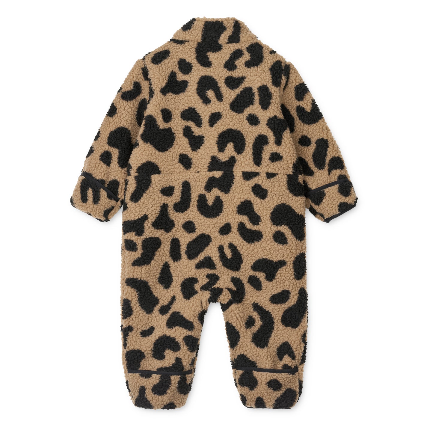 Back view of leopard print baby onesie on a white background