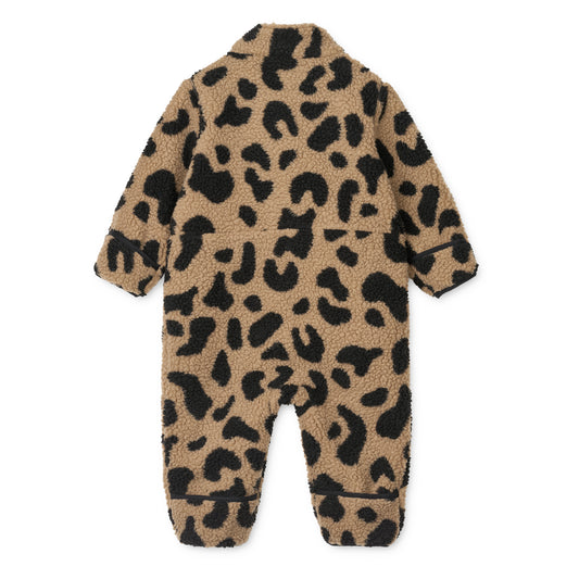 Back view of leopard print baby onesie on a white background