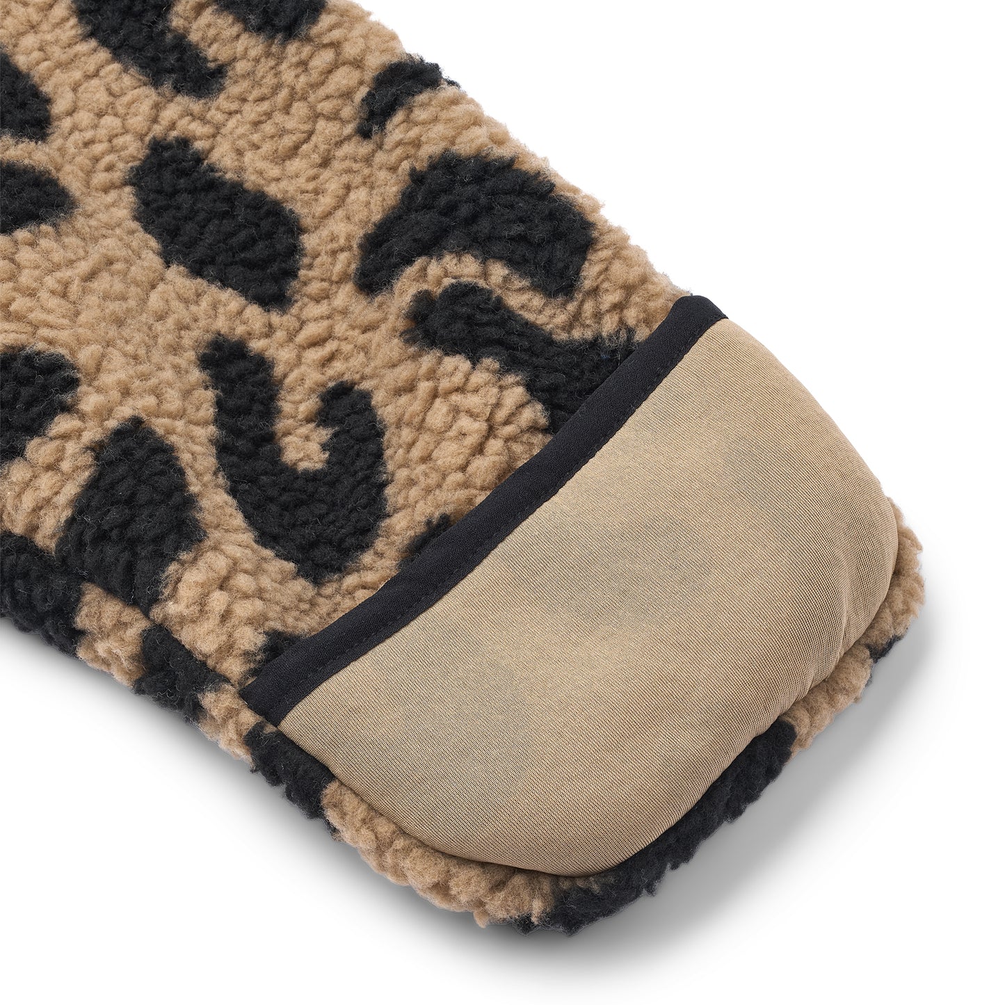 Beige and black leopard print onesie sleeve on a white background