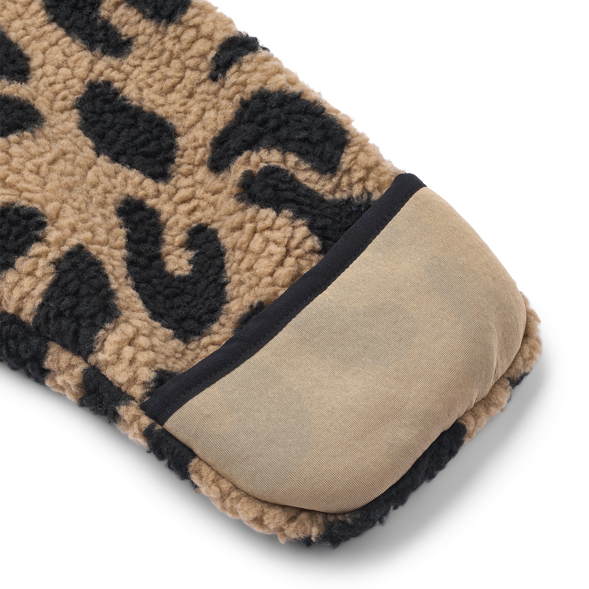 Beige and black leopard print onesie sleeve on a white background