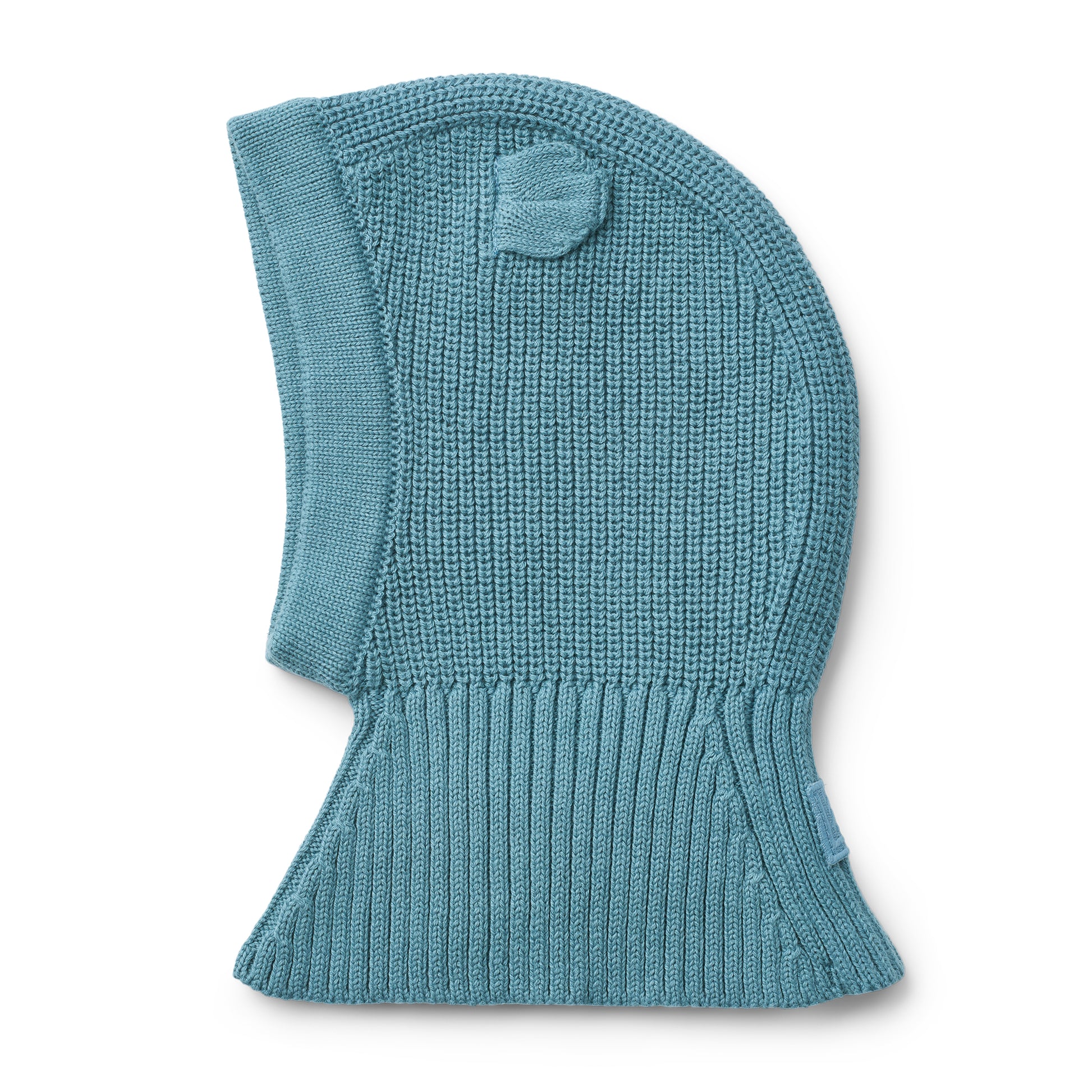 Teal knitted balaclava on a white background