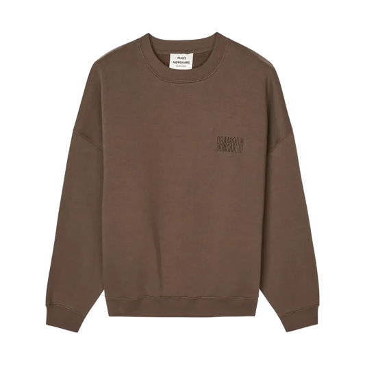 Brown sweatshirt with a small logo on a white background