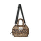 Leopard print small bag with a black strap on a white background