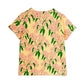 T-shirt with pink floral pattern on a yellow background