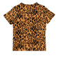 Mini Rodini beige Leopard print all over t-shirt with short sleeves and a round neckline. the leopard print is on a beige  background with darker brown and black leopard spots