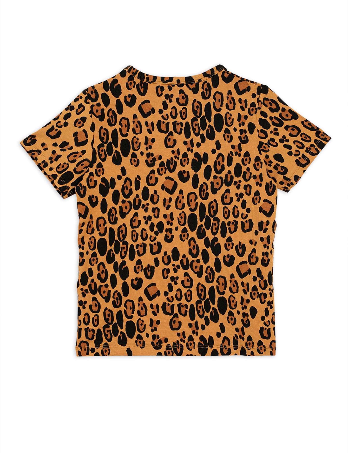 Mini Rodini beige Leopard print all over t-shirt with short sleeves and a round neckline. the leopard print is on a beige  background with darker brown and black leopard spots