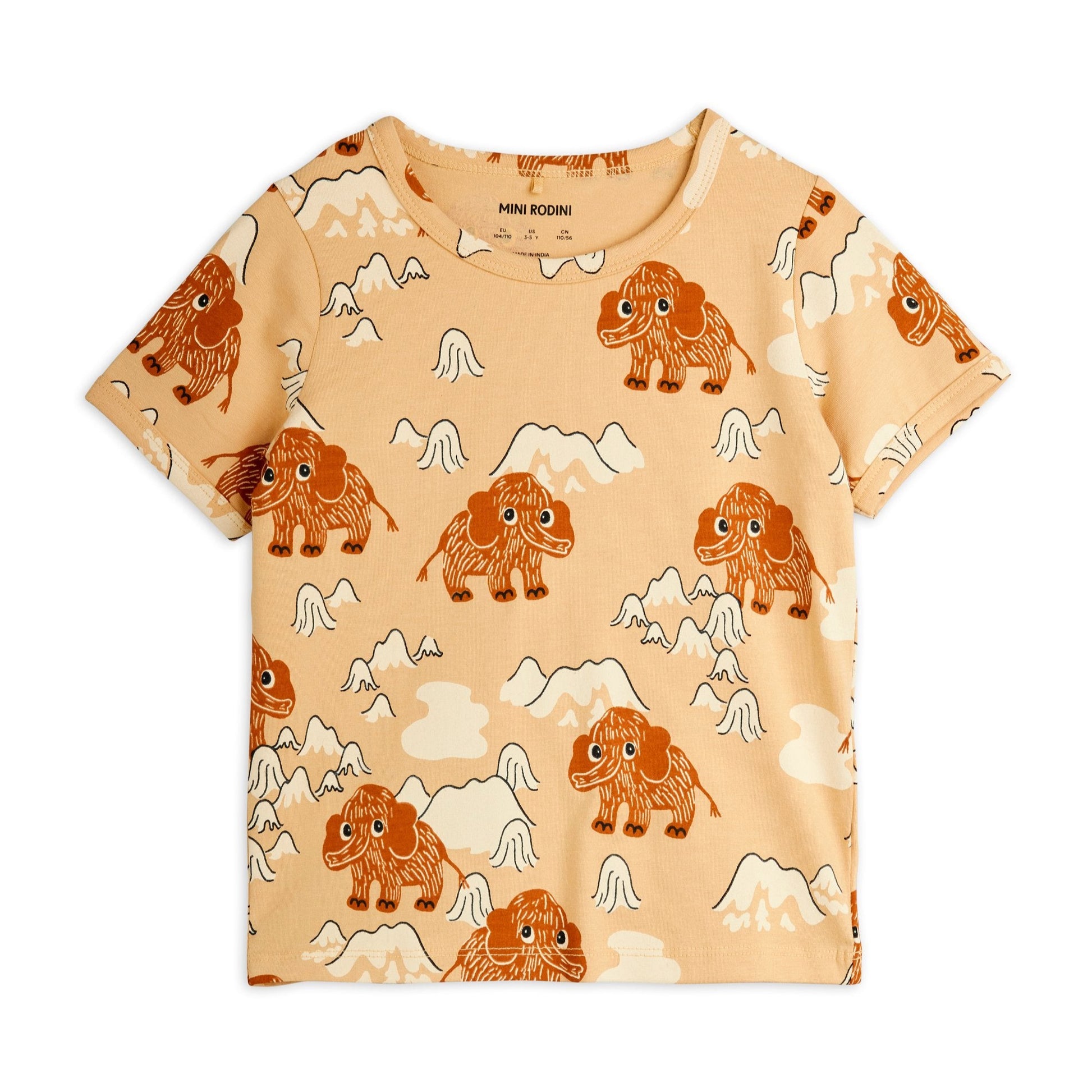 Children's t-shirt with mammoth and mountain pattern on a beige background