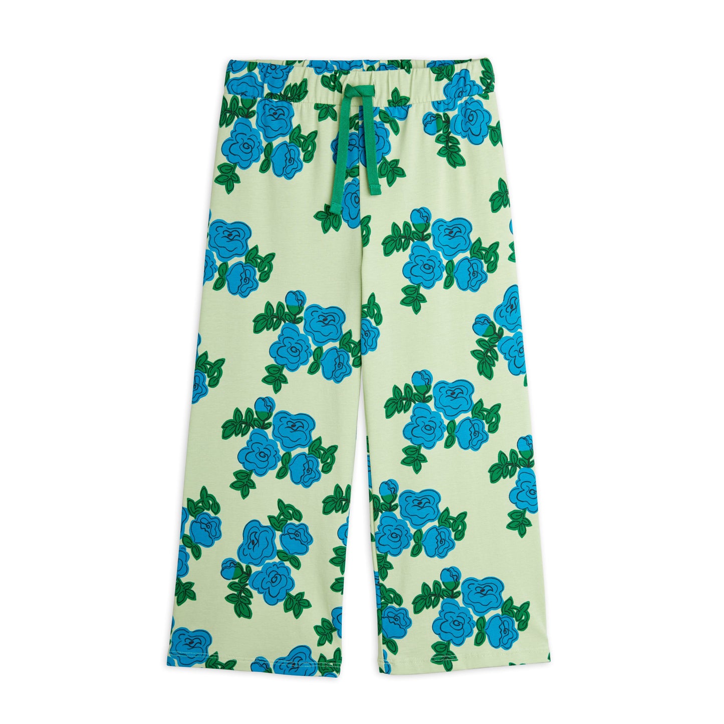 A pair of children's wide-leg trousers with an all-over blue floral print on a soft green base. Features an elasticated waistband with a green drawstring.