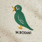 Embroidered green bird design on a textured fabric with 'M.Rodini' branding.