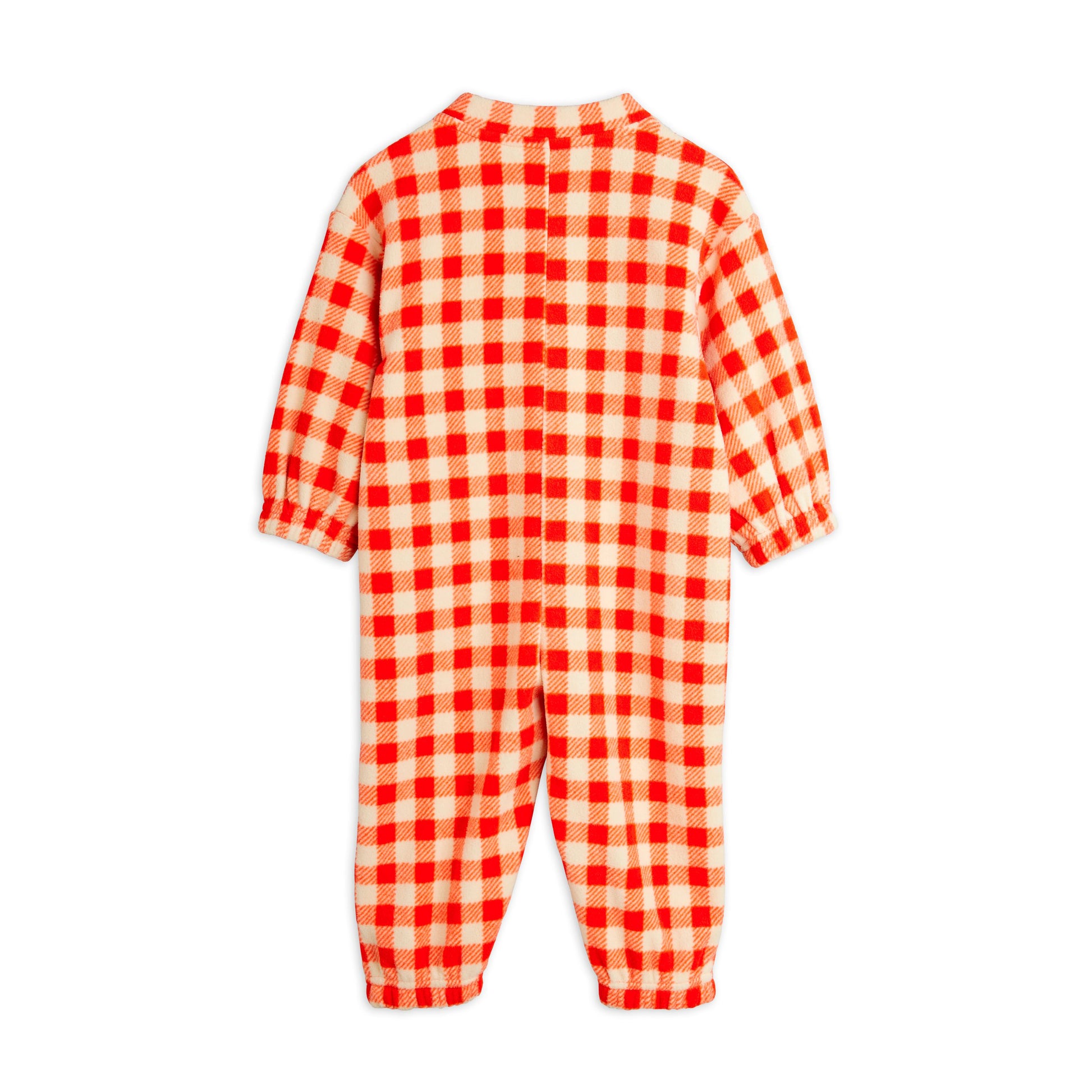 Red and white checkered onesie on a white background, viewed from the back