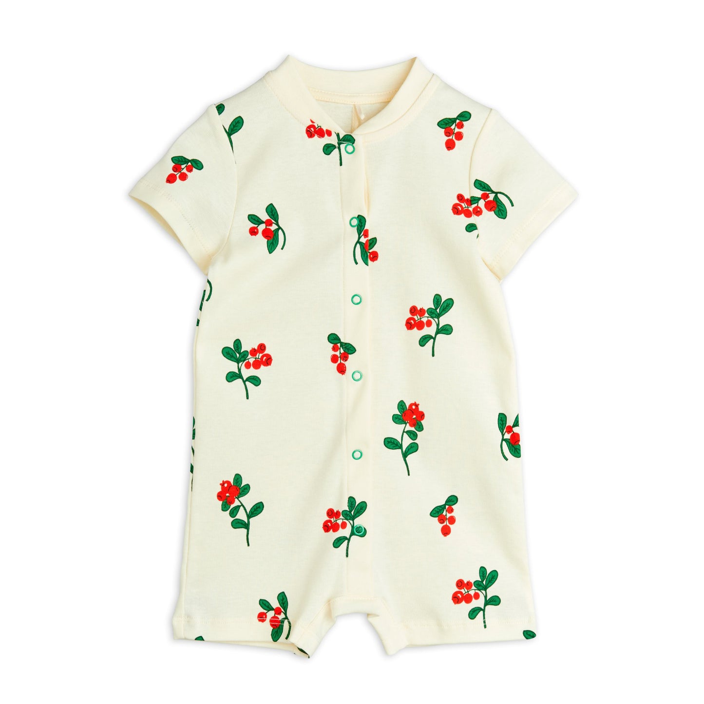 A short-sleeved baby romper in soft cream, featuring an all-over red berry print with green leaves. Designed with a round neckline and front snap button closure for easy dressing.