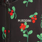  detailed close-up of the "M. Rodini" logo, front zip, and vibrant red berry print on the swimsuit's smooth, stretchy fabric.