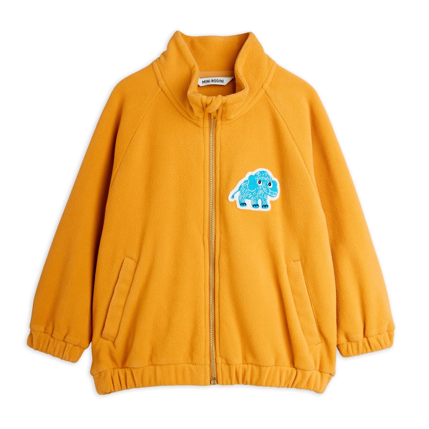 Yellow jacket with a blue mammoth design on a white background