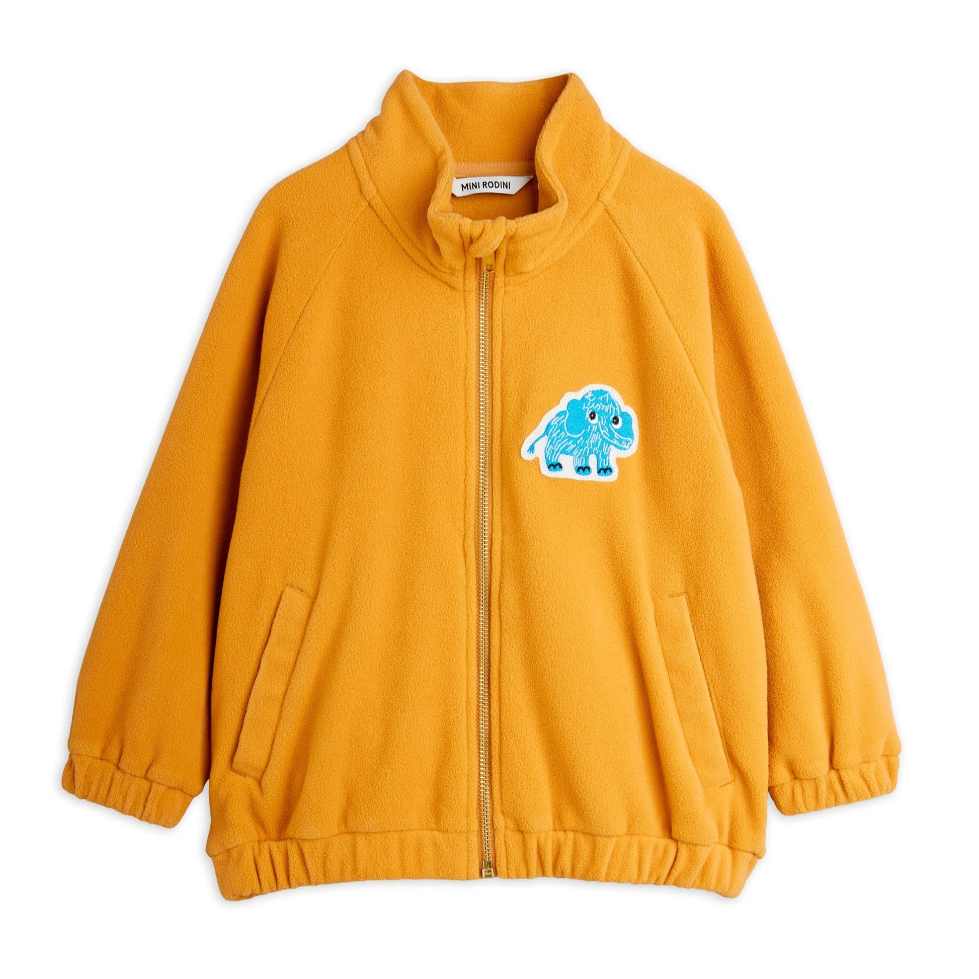 Yellow jacket with a blue mammoth design on a white background