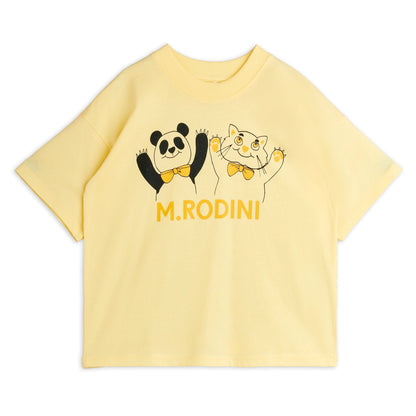 Yellow t-shirt with cartoon pandas and 'M.Rodini' logo on a white background