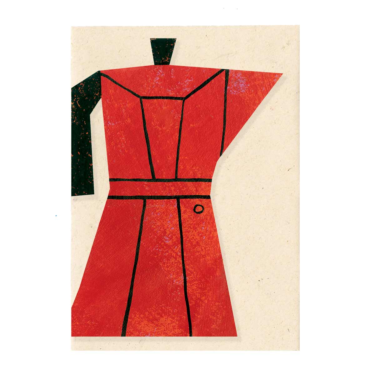 A die cut card of a drawing of red coffee pot against it's cream envelope