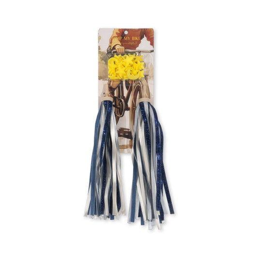Packaged product with blue and white tassels and yellow flowers on a white background