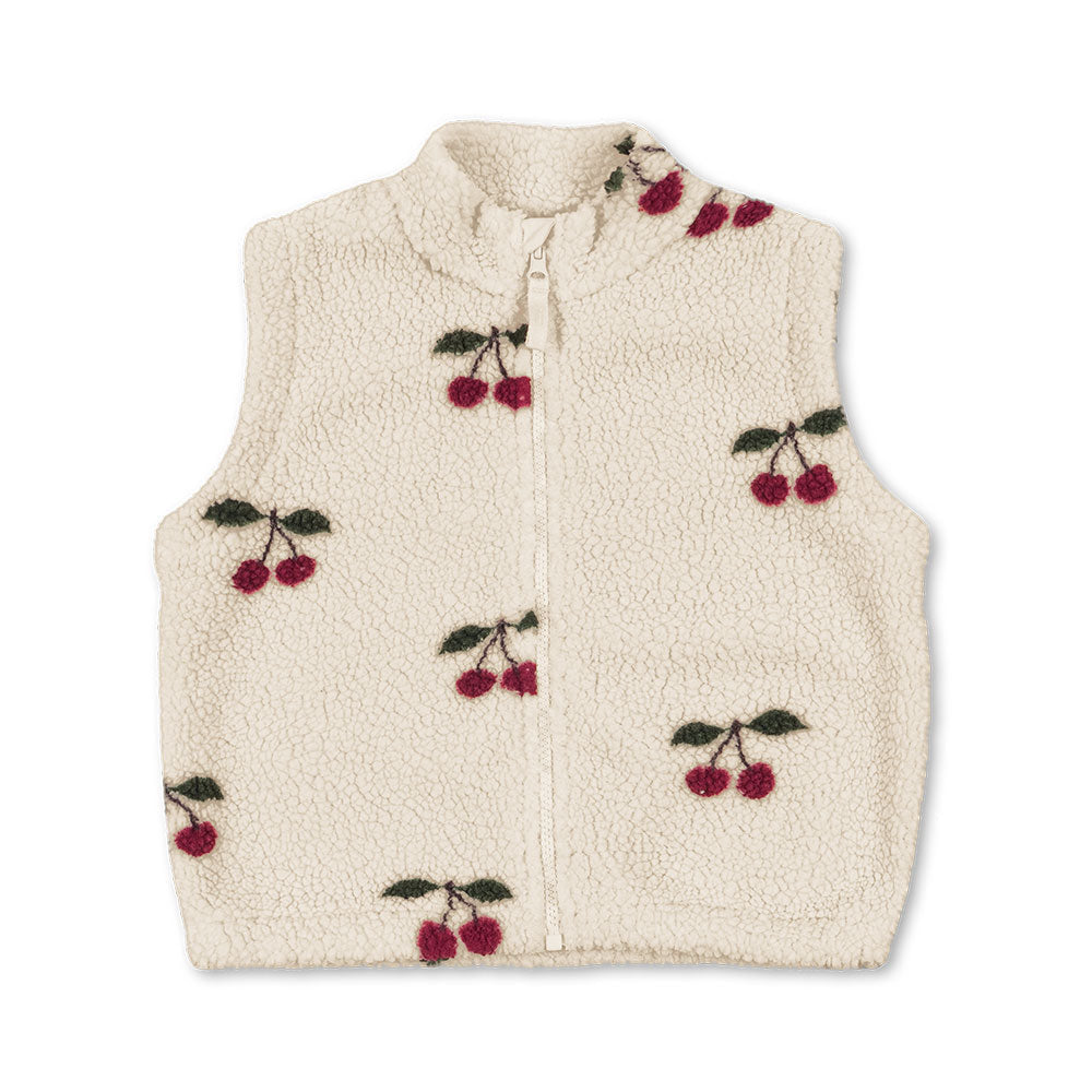 Beige fleece vest with cherry pattern on a white background