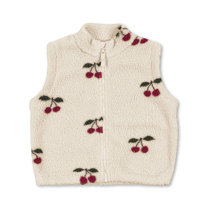 Beige fleece vest with cherry pattern on a white background