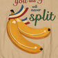 Embroidered design of bananas with text 'you and I will never split' on a beige background