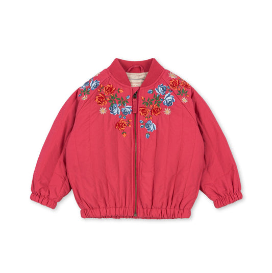 Red jacket with floral embroidery on a white background