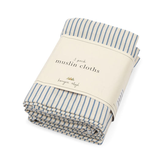 Konges Sløjd Stripe Blue 3 Pack Muslin Cloth GOTS