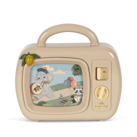 Toy television set with cartoon characters on a white background