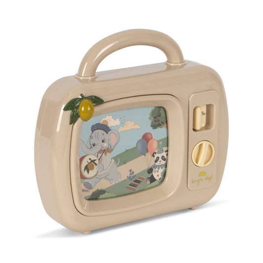Beige toy suitcase with a cartoon design on a white background