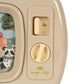 Beige children's toy with panda illustration and control knobs on a white background