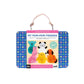 a blue tin carry case with a white handle and a multicoloured pattern which looks like round star shapes. There is a cardboard wraparound with the words "my pom pom friends" in blue, and pictured are 5 pom pom creatures - a blue koala, white panda, pink rabbit, yellow bird, and orange dog.