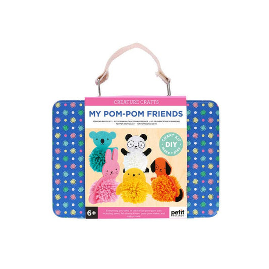 a blue tin carry case with a white handle and a multicoloured pattern which looks like round star shapes. There is a cardboard wraparound with the words "my pom pom friends" in blue, and pictured are 5 pom pom creatures - a blue koala, white panda, pink rabbit, yellow bird, and orange dog.