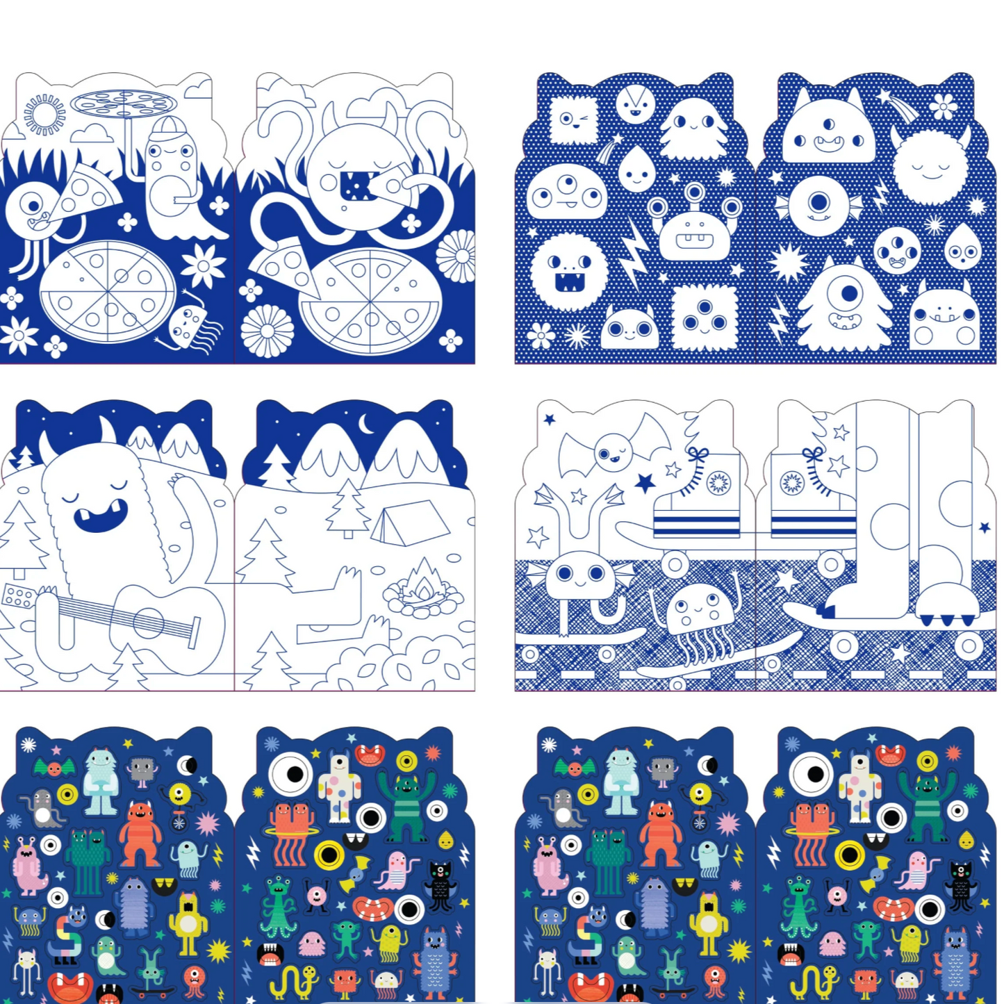 The inside of the colouring book shows white shapes to colour in on a blue background, There are also brightly coloured stickers in the shape o different monsters.