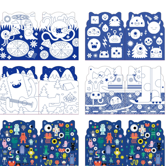 The inside of the colouring book shows white shapes to colour in on a blue background, There are also brightly coloured stickers in the shape o different monsters.