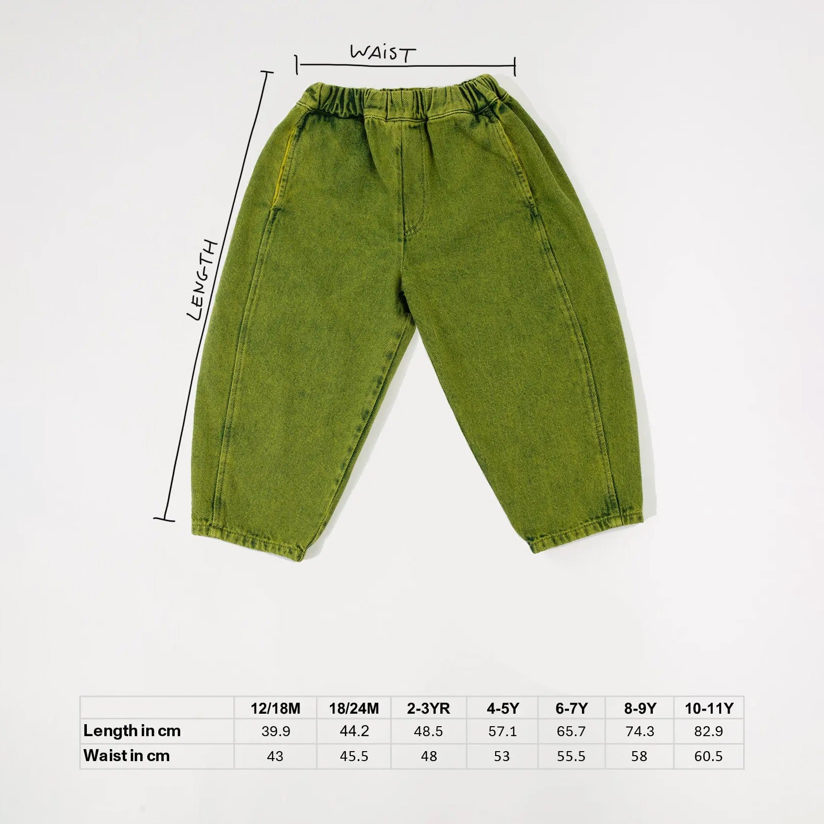 A pair of wide-leg, barrel-shaped trousers in a textured green shade with an elasticated waistband, side pockets, and a back patch pocket. The trousers feature displaced seams for a rounded leg shape, offering a modern and relaxed fit. The length and waist of each size is pictured.