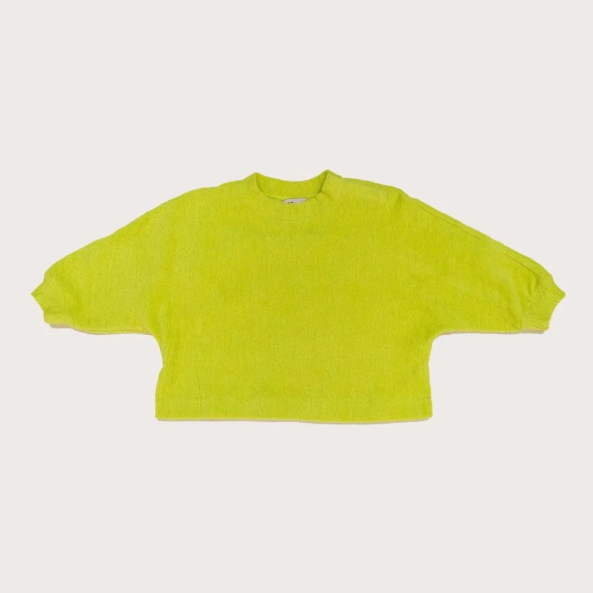 Studio Koter River Teddy Sweatshirt in vibrant acid green, featuring the soft, textured fabric of 100% organic cotton teddy fleece. The image highlights the boxy fit and kimono-style sleeves, emphasizing the unique tactile quality and curved back seam design.