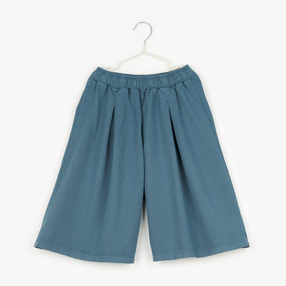 An image of blue, wide leg shorts hanging up on a white hanger against the background of a white wall. 