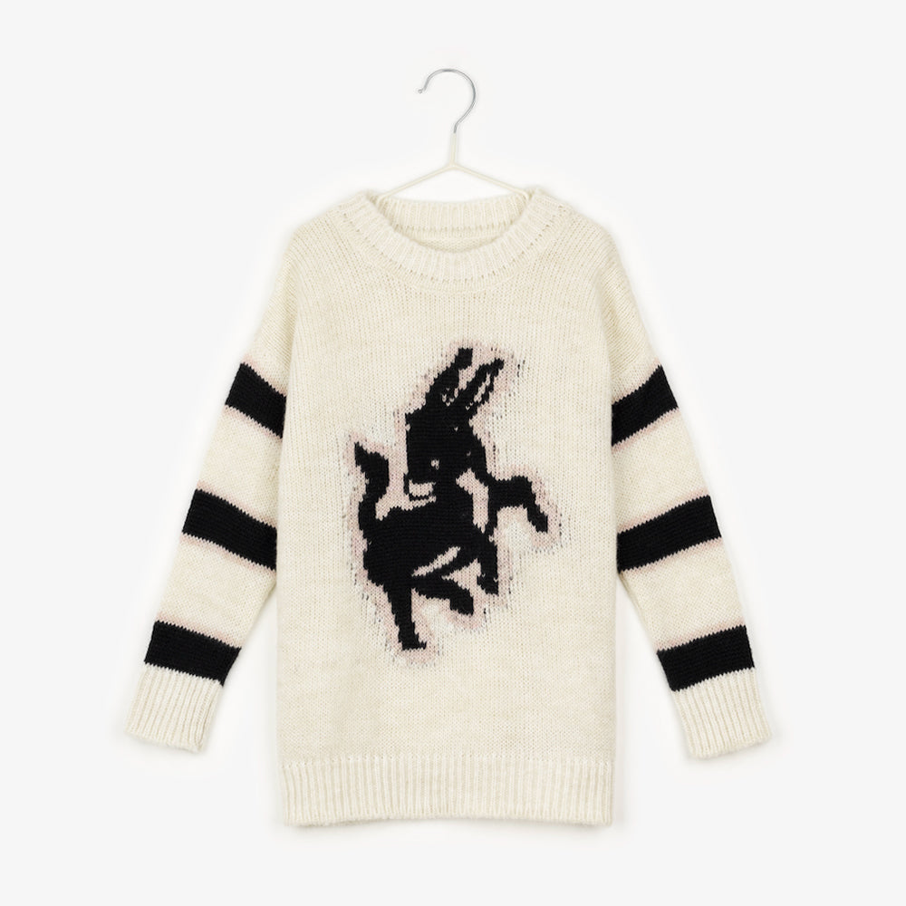 An image of a cream knit jumper that has black thick stripes on the arm with a pink border around the stripes and the image of a black donkey with a pink outline around it in the middle of the jumper hanging up on a white hanger against the background of a white wall.