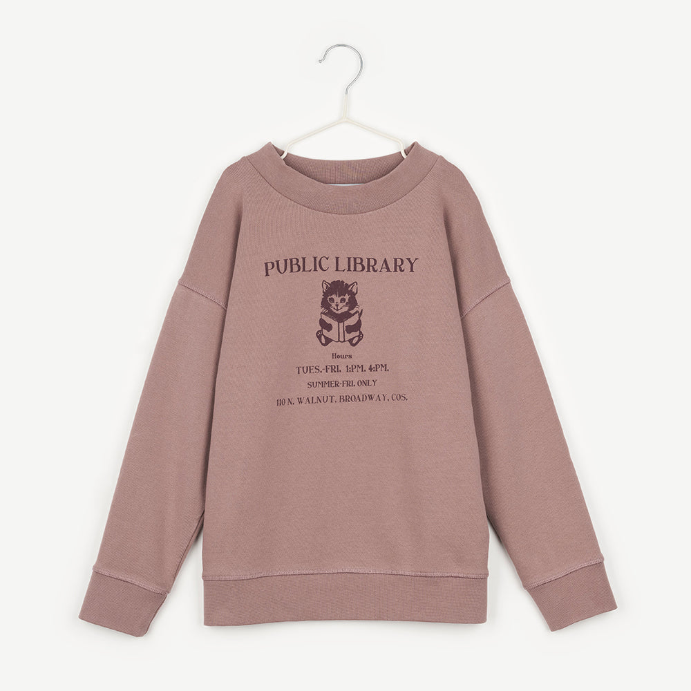 a dusty pink high neck jumper that has the words public library in dark purple. Beneath that is an image of a kitten reading a book, with the words 'Tues.-Fri. 1PM.4P,' underneath. Underneath that it says 'Summer-Fri. Only' and underneath that it says '100 N. Walnut. Broadway. Cos' hanging up on a white hanger against the background of a white wall.