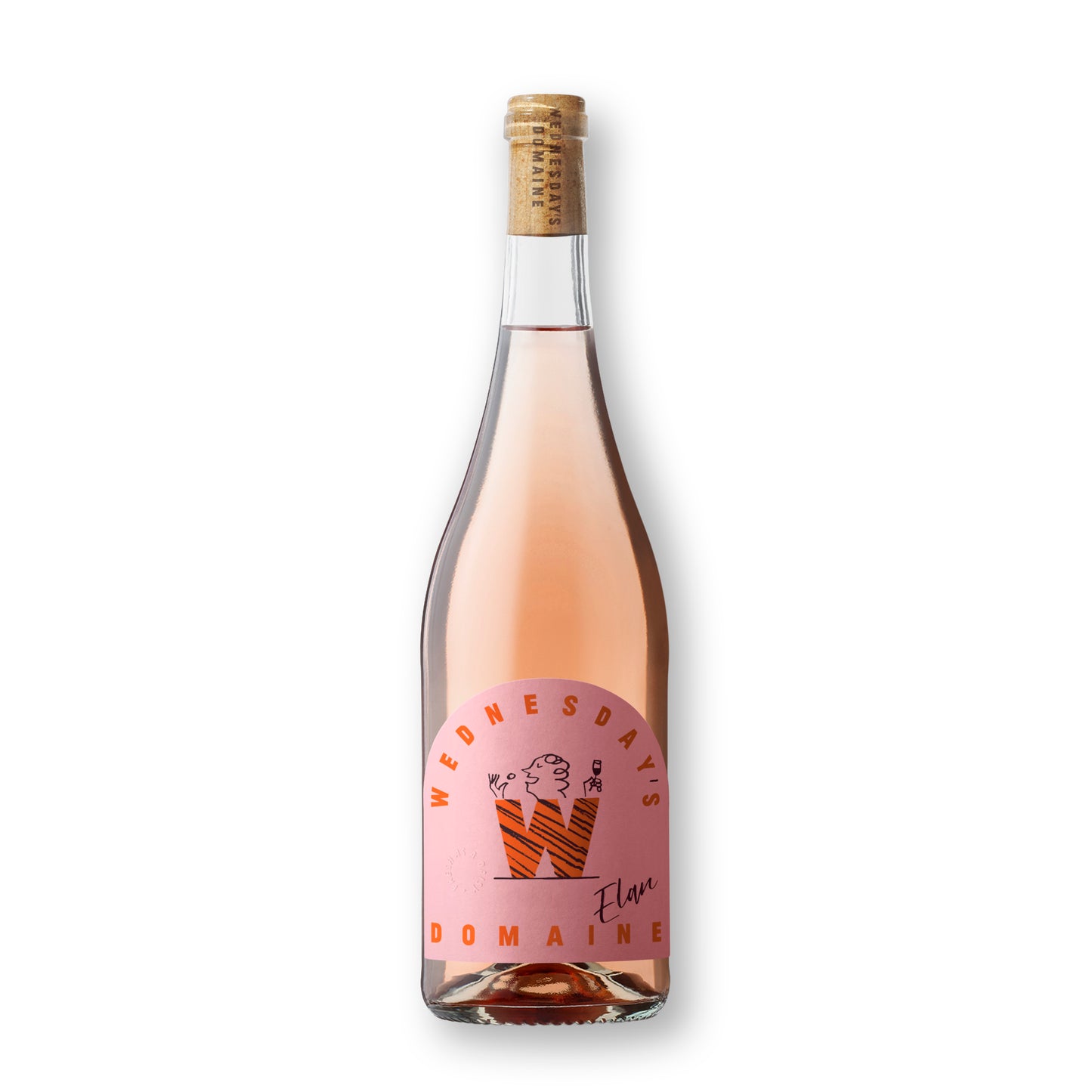 Bottle of Wednesday’s Domaine 0.0% Elan Alcohol-Free Rosé Wine with a pink hue, embodying refreshing acidity and summer fruit notes.