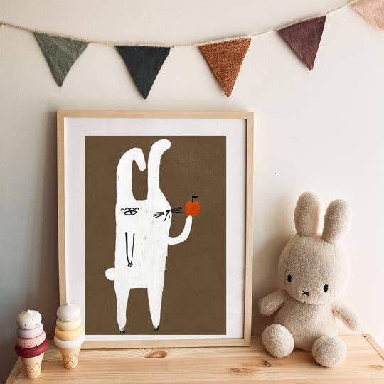 Clive art print featuring a grumpy white rabbit holding a red apple, perfect for children's decor.