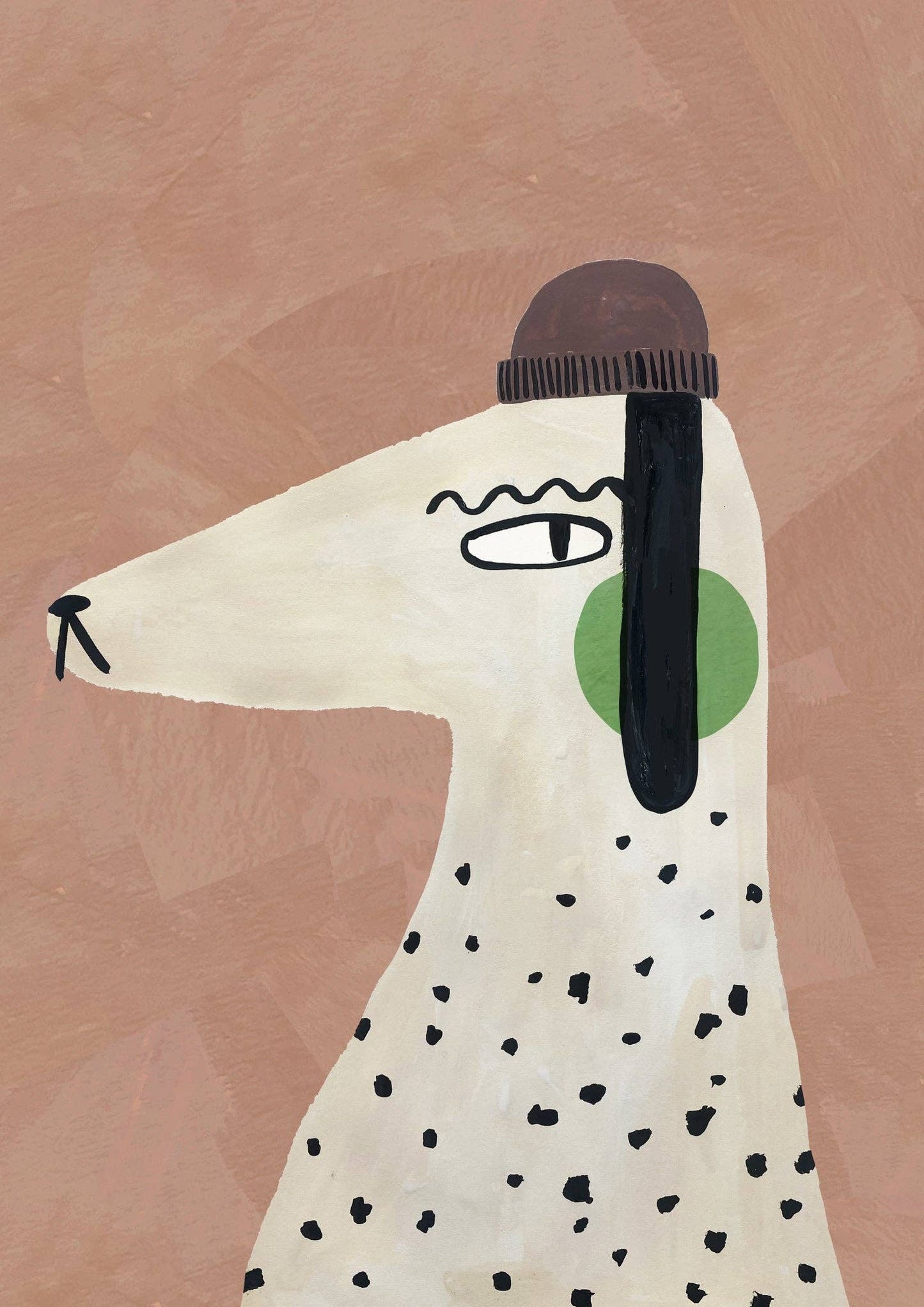 Billy Dog art print showcasing a white dog with black spots wearing green headphones on a pink background, perfect for children's decor.