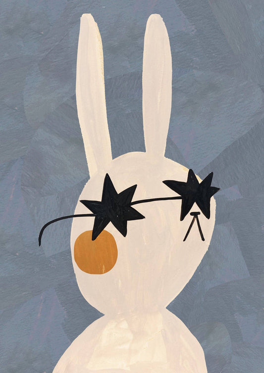 Mr Rabbit art print featuring a stylish white rabbit with rosy cheeks and black star-shaped sunglasses on a blue background, perfect for children's decor.