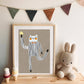 Reach for the Star art print featuring a white cat in a black pinstriped suit with rosy cheeks, holding a shining yellow star, perfect for children's decor