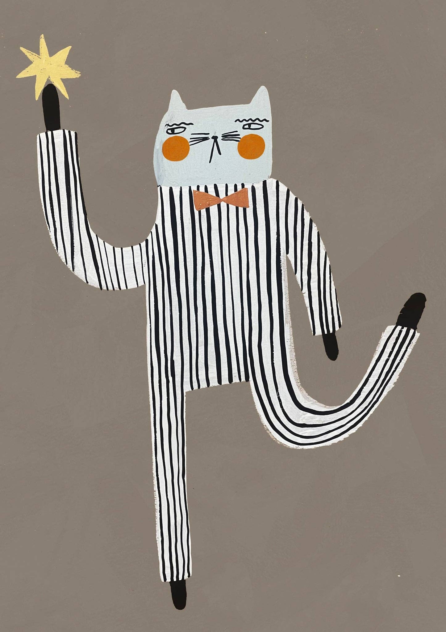 Reach for the Star art print featuring a white cat in a black pinstriped suit with rosy cheeks, holding a shining yellow star, perfect for children's decor