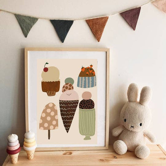 Sweet Treats art print showcasing a variety of cute ice creams, cakes, and desserts, perfect for children's decor.