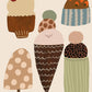 Sweet Treats art print showcasing a variety of cute ice creams, cakes, and desserts, perfect for children's decor. The central ice cream has a smiley face