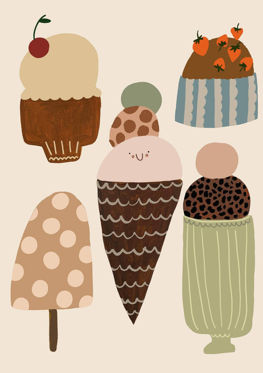 Sweet Treats art print showcasing a variety of cute ice creams, cakes, and desserts, perfect for children's decor. The central ice cream has a smiley face