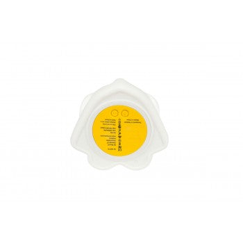 The bottom view of the Boris First light lamp with a yellow circle and two buttons on it. The lamp is against a white background.
